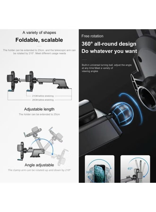Free Rotation Car Phone Mount, Telescopic Arm Strong Suction Cup Car Holder, Hands-Free GPS Mount Compatible with phones iPhone 16/15/14 series, Samsung S24, S23, Xiaomi, etc, Black - Image 4