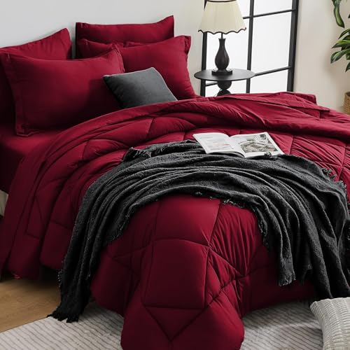 HEVUMYI Red Cali-King Comforter Set - 7-Piece All Season Bed in a Bag Cali-King, Ultra Soft Bedding Set with Comforter, Flat Sheet, Fitted Sheet, Pillowcases, Pillow Shams - Image 1