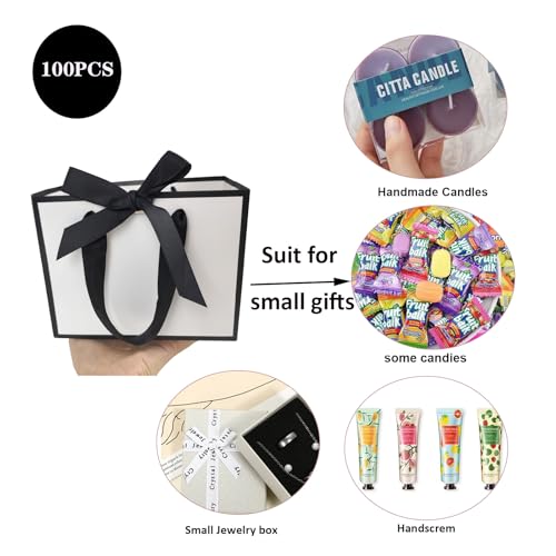 TKSBAG 100 Pack White and Black Gift Bags with Bow Handles, 6.4×3.1×5.1 In Small Thank You Bags Bulk for Birthday, Weddings, Party Favors, Mother's Day - Image 4