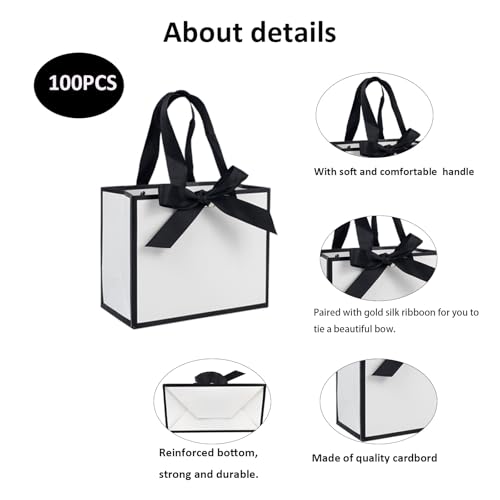 TKSBAG 100 Pack White and Black Gift Bags with Bow Handles, 6.4×3.1×5.1 In Small Thank You Bags Bulk for Birthday, Weddings, Party Favors, Mother's Day - Image 2