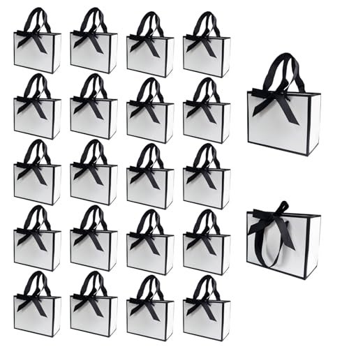 TKSBAG 100 Pack White and Black Gift Bags with Bow Handles, 6.4×3.1×5.1 In Small Thank You Bags Bulk for Birthday, Weddings, Party Favors, Mother's Day - Image 1