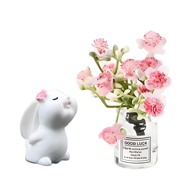 WinldMonmo 2PCS Mini Smell The Fragrant Rabbit & Pink Peach Blossom Flower Vase Ornaments â€“ Handmade Resin Miniature Vases for Dollhouse, Fairy Garden, Micro Landscape Decor, DIY Craft & Table Centerpiece - Image 1