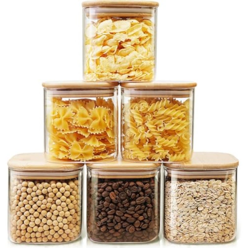 6-Pack Glass Jars with Bamboo Lids 26oz Airtight Mason Jars and Stackable Food Storage Containers for Coffee, Sugar, Pasta, Tea, Candy and Nuts - Image 1