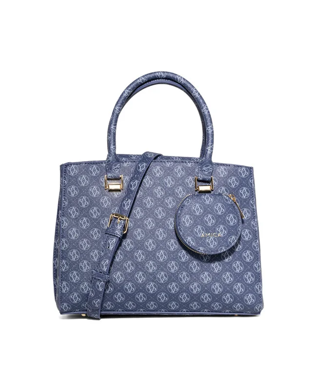 أميكا AMICA Hera Multiple Compartment Medium Sized Handbag in Monogram Print with Detachable Coin Pouch and Detachable Shoulder Strap - Blue