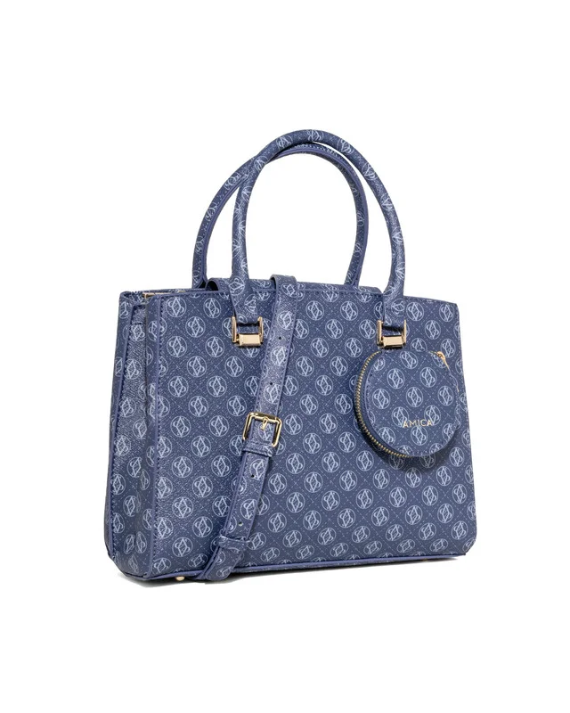 أميكا AMICA Hera Multiple Compartment Medium Sized Handbag in Monogram Print with Detachable Coin Pouch and Detachable Shoulder Strap - Blue