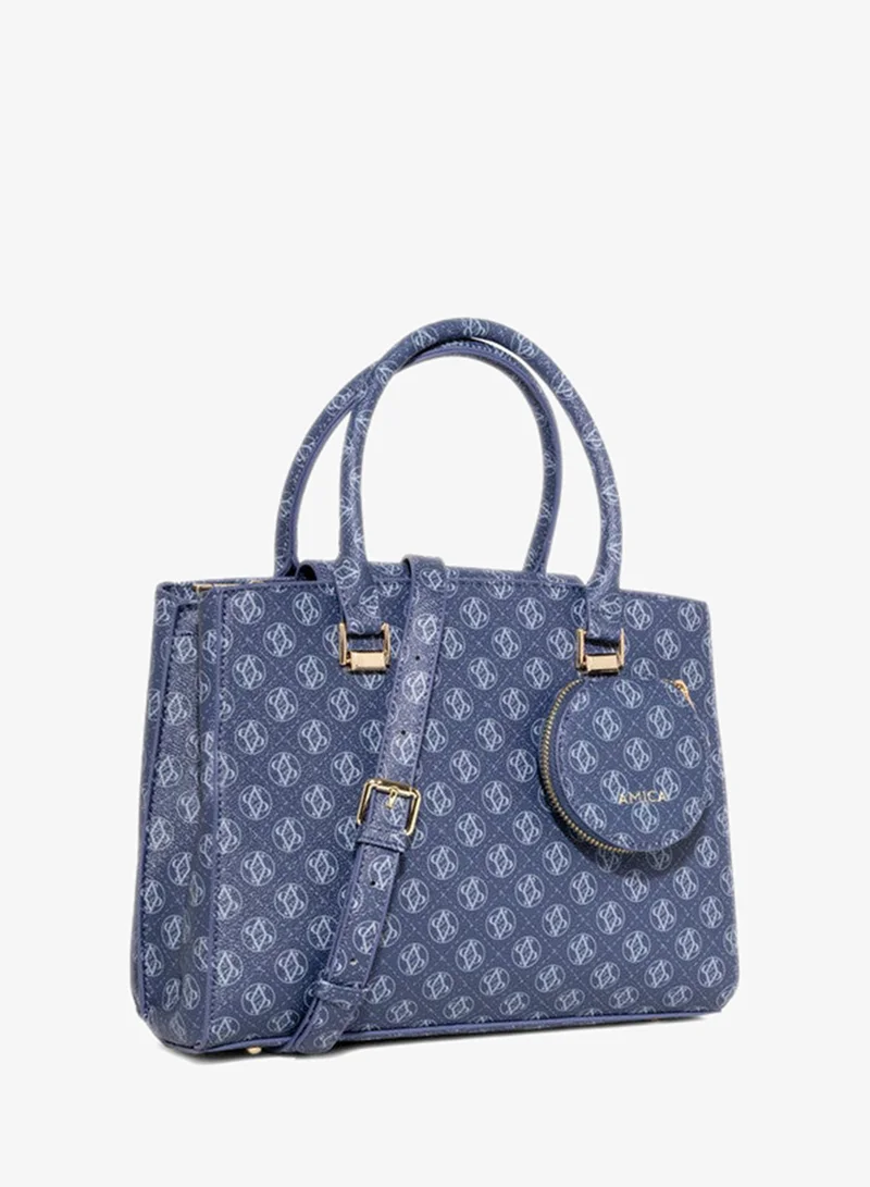 AMICA AMICA Hera Multiple Compartment Medium Sized Handbag in Monogram Print with Detachable Coin Pouch and Detachable Shoulder Strap - Blue