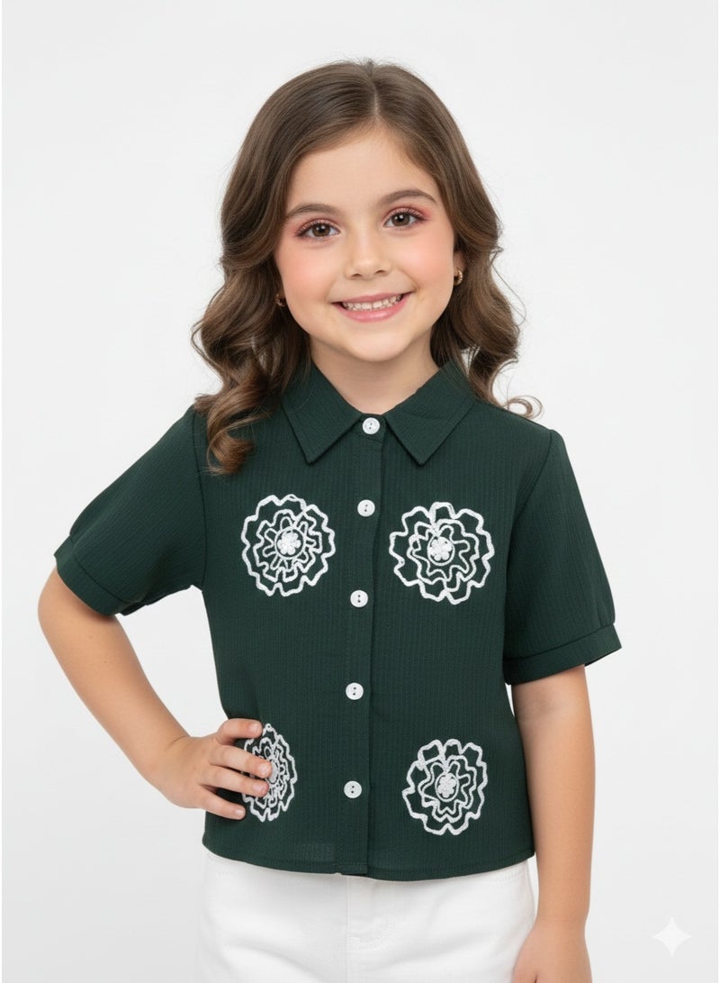 Girls' Short-Sleeve Button-Down Blouse with Floral Embroidery – Forest Green