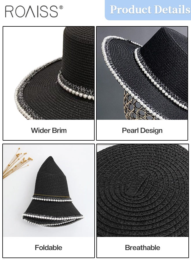 roaiss Classic Flat Top Straw Hat for Women Summer Beach Hat Vacation Sunshade Sunscreen Woven Hat Pearl Decoration Sun Hat Fashion Accessories - Image 4