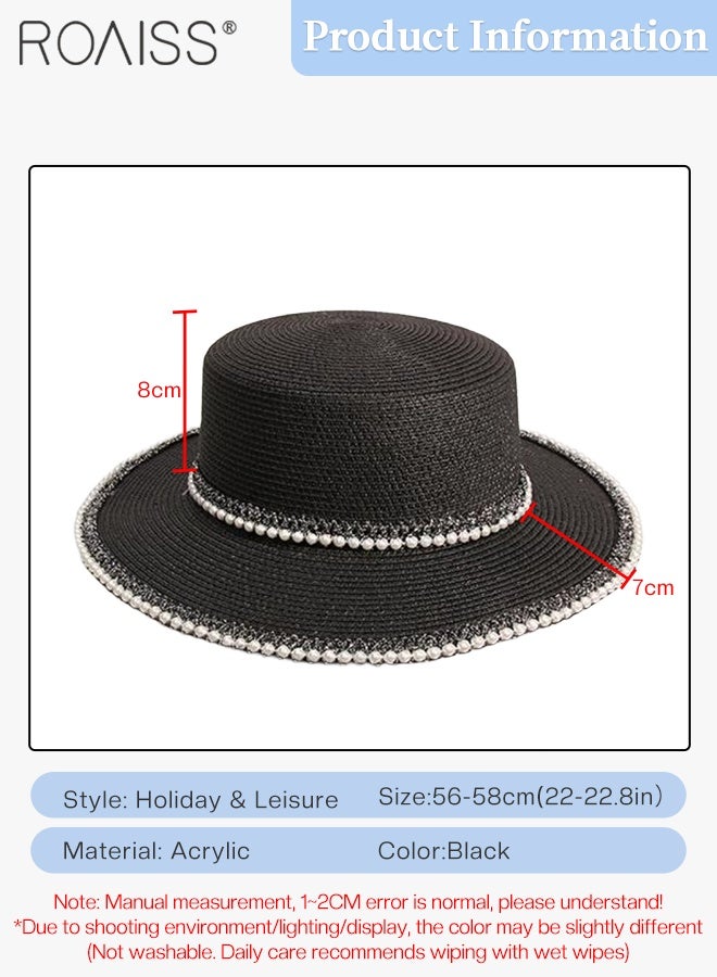 roaiss Classic Flat Top Straw Hat for Women Summer Beach Hat Vacation Sunshade Sunscreen Woven Hat Pearl Decoration Sun Hat Fashion Accessories - Image 3