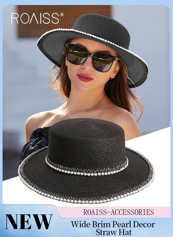 roaiss Classic Flat Top Straw Hat for Women Summer Beach Hat Vacation Sunshade Sunscreen Woven Hat Pearl Decoration Sun Hat Fashion Accessories - Image 1