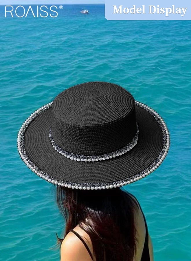 roaiss Classic Flat Top Straw Hat for Women Summer Beach Hat Vacation Sunshade Sunscreen Woven Hat Pearl Decoration Sun Hat Fashion Accessories - Image 2