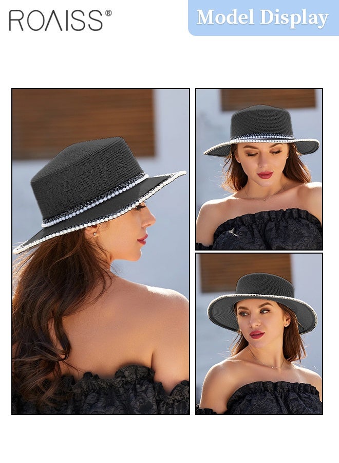 roaiss Classic Flat Top Straw Hat for Women Summer Beach Hat Vacation Sunshade Sunscreen Woven Hat Pearl Decoration Sun Hat Fashion Accessories - Image 5
