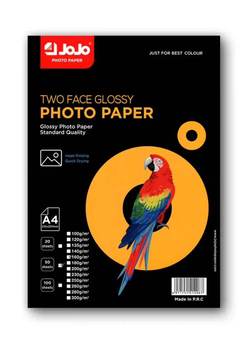 JOJO A4 Two-Sided Glossy Photo Paper, Double Face Inkjet Printing Paper, 160 GSM, 50 Sheets - Image 1