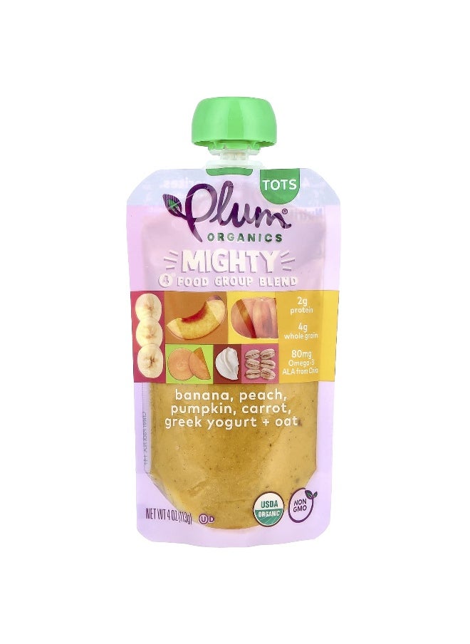 Plum Organics Plum Organics, Mighty 4®, 4 Food Group Blend, Tots, Banana, Peach, Pumpkin, Carrot, Greek Yogurt, Oat, 4 oz (113 g)  - Image 1