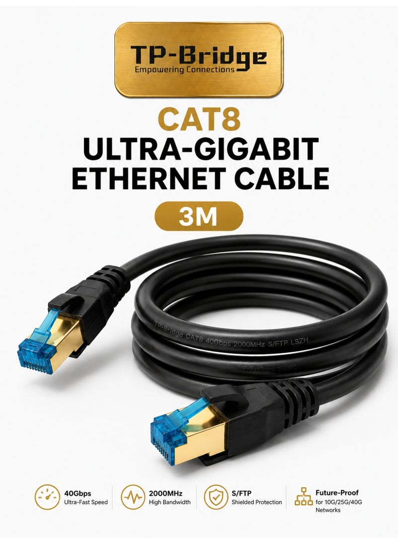 TP-BRIDGE CAT8 Ethernet Cable 3M – 24AWG OFC Copper S/FTP LSZH 2000MHz Ultra Gigabit LAN Network Cable for Gaming, Router, PC, PS5 & Data Centers - Image 1