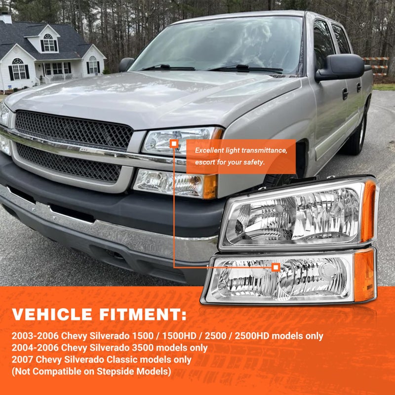 AXLAHA Headlights Assembly for 2003-2006 Chevy Silverado 1500/2500/3500 | 2003-2006 Avalanche 1500/2500 | 2007 Chevy Silverado Classic Chrome Housing Amber Reflector Replacement Pair - Image 3