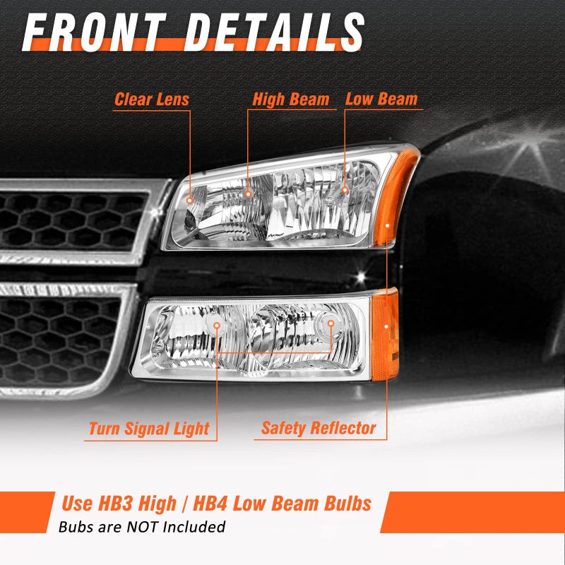 AXLAHA Headlights Assembly for 2003-2006 Chevy Silverado 1500/2500/3500 | 2003-2006 Avalanche 1500/2500 | 2007 Chevy Silverado Classic Chrome Housing Amber Reflector Replacement Pair - Image 5