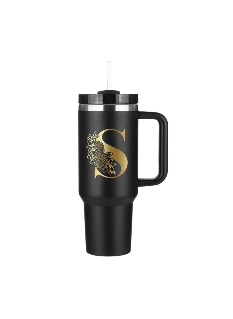 PRINTSHOP4ME - Black Tumbler Mug Initial Letter Printed Design–1.2L Tumbler Mug With Lid&Straw|Insulated Reusable Stainless Steel Tumbler Mug|Gold Color Initial Letter - Image 1