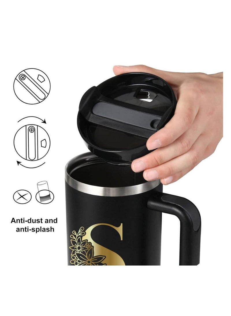 PRINTSHOP4ME - Black Tumbler Mug Initial Letter Printed Design–1.2L Tumbler Mug With Lid&Straw|Insulated Reusable Stainless Steel Tumbler Mug|Gold Color Initial Letter - Image 1