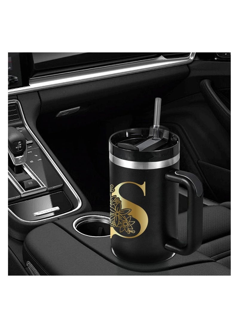 PRINTSHOP4ME - Black Tumbler Mug Initial Letter Printed Design–1.2L Tumbler Mug With Lid&Straw|Insulated Reusable Stainless Steel Tumbler Mug|Gold Color Initial Letter - Image 1