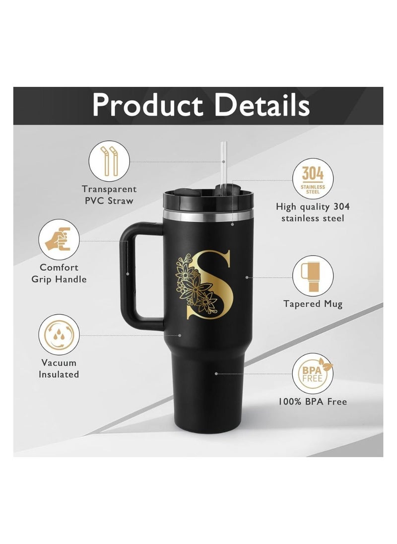 PRINTSHOP4ME - Black Tumbler Mug Initial Letter Printed Design–1.2L Tumbler Mug With Lid&Straw|Insulated Reusable Stainless Steel Tumbler Mug|Gold Color Initial Letter - Image 1