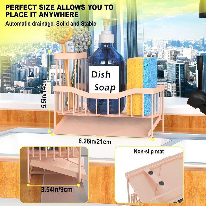 Fssvcd Maifan Sink Caddy Sponge Holder for Kitchen with Brush Holder and Stainless Steel Self Drain Tray, Rustproof Kitchen Sink Organizer for Sponge, Soap Dispenser Storage Accessories Pinky White - Image 5