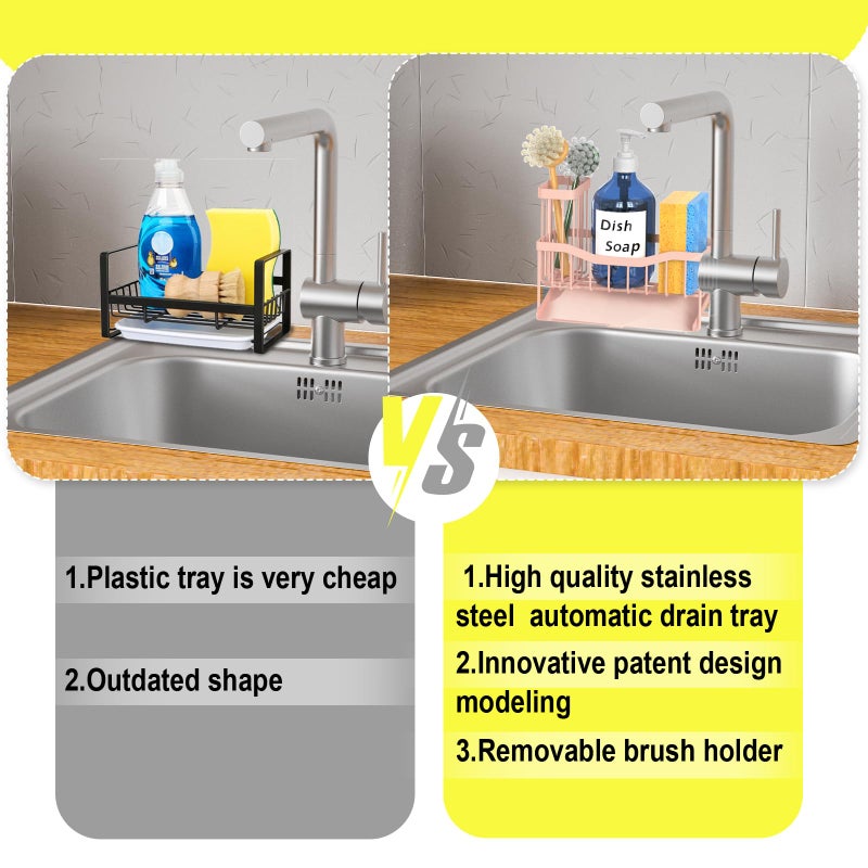 Fssvcd Maifan Sink Caddy Sponge Holder for Kitchen with Brush Holder and Stainless Steel Self Drain Tray, Rustproof Kitchen Sink Organizer for Sponge, Soap Dispenser Storage Accessories Pinky White - Image 4