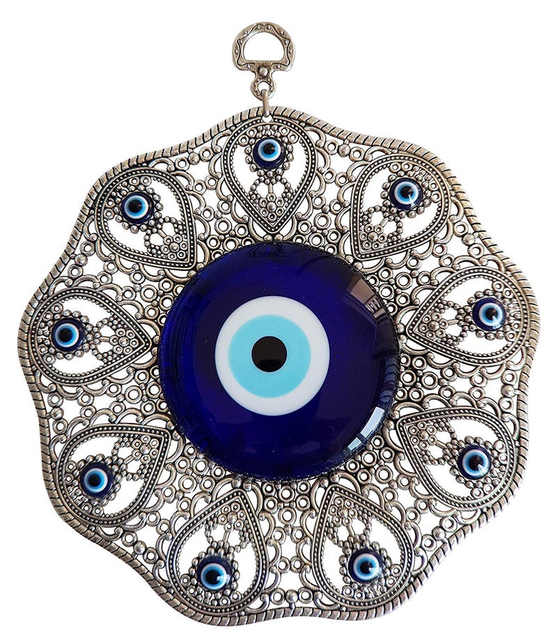 Erbulus Turkish Glass Blue Evil Eye Wall Hanging Ornament Metal Home Decor Turkish Amulet Protection and Good Luck Charm Gift in a Box