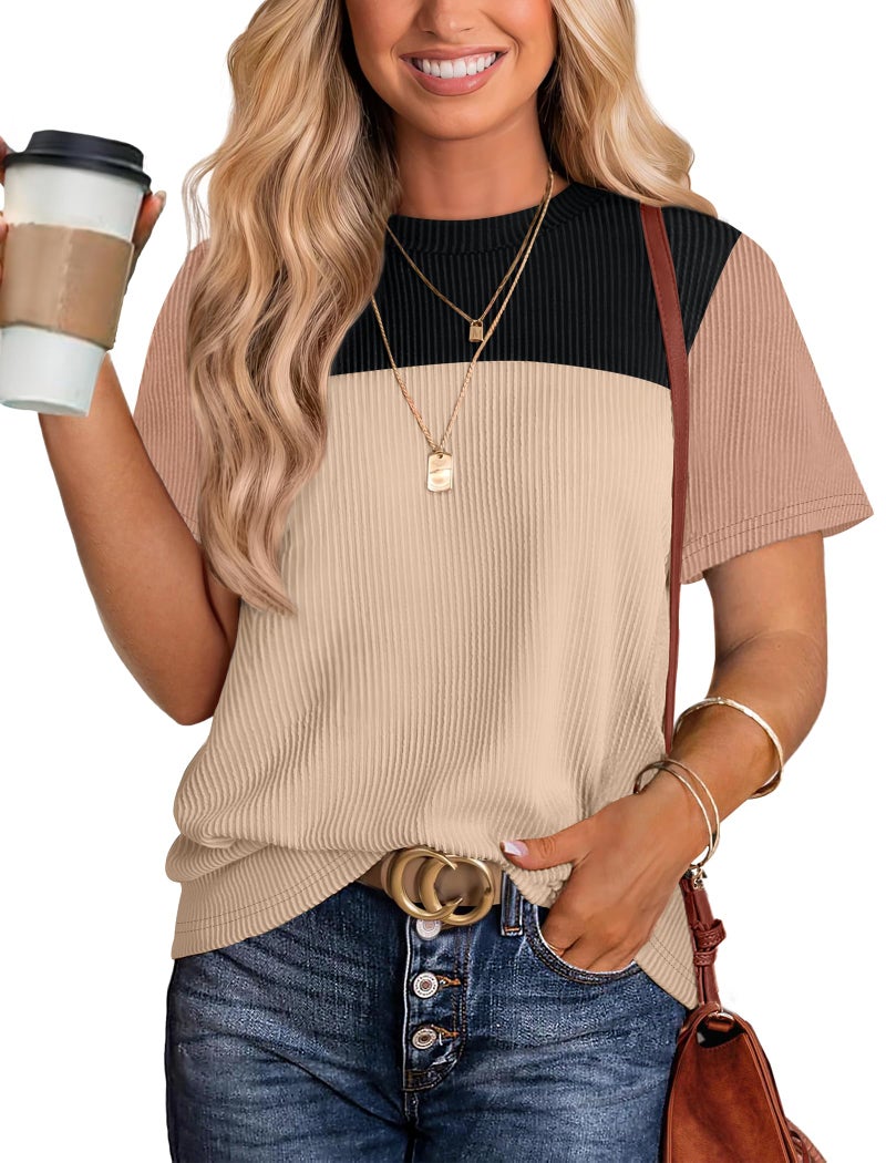 WIHOLL Womens Tops Trendy Casual Womens Fall Fashion 2026 Waffle Knit Short Sleeve Shirts for Women Old Money Clothes Teacher Outfits Color Block Patchwork Tunic Pullover Soft Striped Black L - Image 1