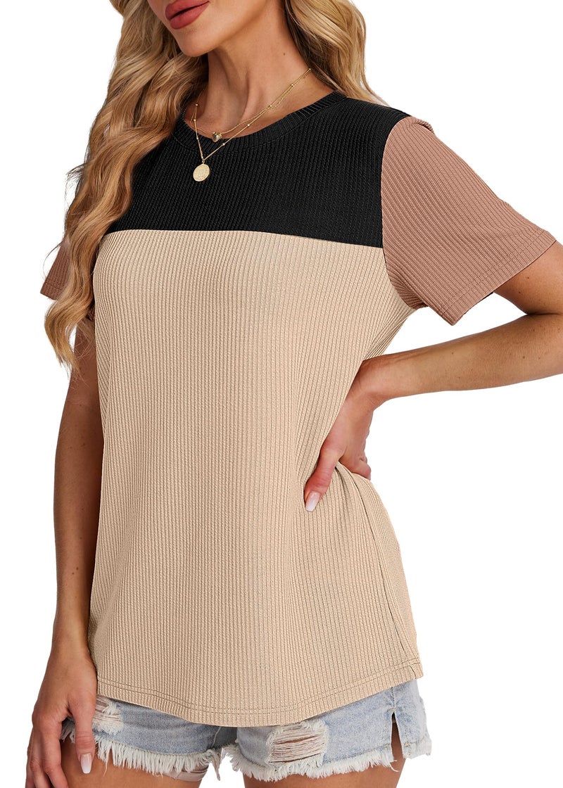 WIHOLL Womens Tops Trendy Casual Womens Fall Fashion 2026 Waffle Knit Short Sleeve Shirts for Women Old Money Clothes Teacher Outfits Color Block Patchwork Tunic Pullover Soft Striped Black L - Image 4