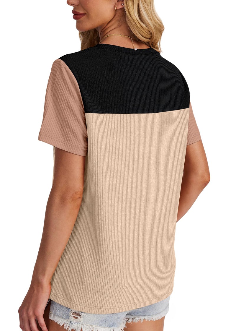 WIHOLL Womens Tops Trendy Casual Womens Fall Fashion 2026 Waffle Knit Short Sleeve Shirts for Women Old Money Clothes Teacher Outfits Color Block Patchwork Tunic Pullover Soft Striped Black L - Image 2