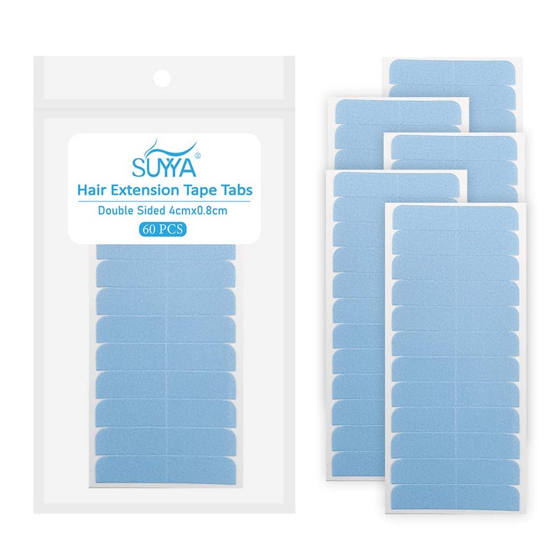 SUYYA 60 Pieces Hair Extension Tape Tabs Double Sided Extension Tapes for Replacement 4cm x0.8cm (Blue) - Image 1