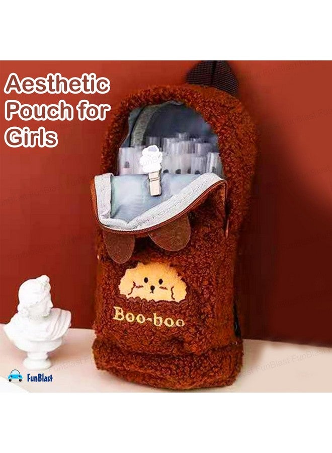 FunBlast Pencil Pouch for Girls - Cute Soft Plush Pouch for Girls, Multipurpose Zipper Pouch, Aesthetic Pouch for Girls, Kawaii Pencil Case, Cute Pouches for Girls, Return Gift for Kids (Darkbrown) - Image 2