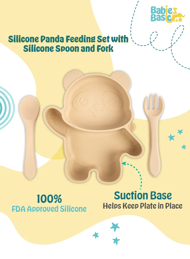 Babies Basic Feeding Set, 3 Piece Panda Silicone Set, Easy To Grip, Silicone Suction Plate With Silicone Spoon And Fork - Beige