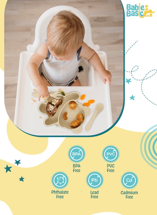 بابيز_بيسك مجموعة إطعام أطفال أساسية، 3 قطع، مجموعة سيليكون على شكل باندا، سهلة الإمساك، طبق سيليكون بقاعدة شفط مع ملعقة وشوكة من السيليكون -  بيج - Image 3