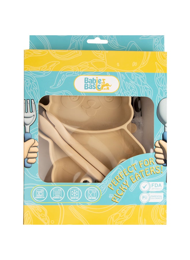 بابيز_بيسك مجموعة إطعام أطفال أساسية، 3 قطع، مجموعة سيليكون على شكل باندا، سهلة الإمساك، طبق سيليكون بقاعدة شفط مع ملعقة وشوكة من السيليكون -  بيج - Image 5