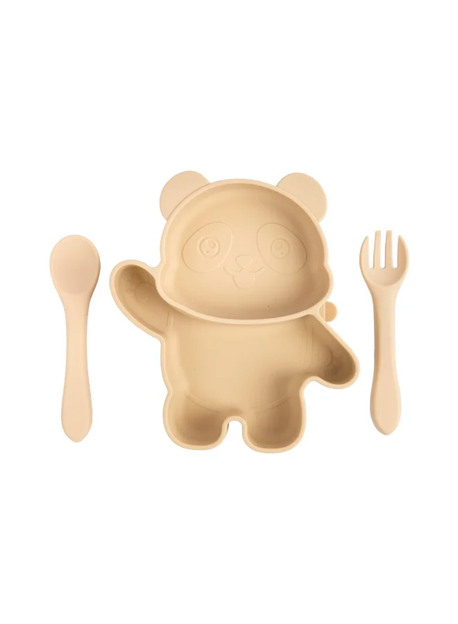 Babies Basic Feeding Set, 3 Piece Panda Silicone Set, Easy To Grip, Silicone Suction Plate With Silicone Spoon And Fork - Beige