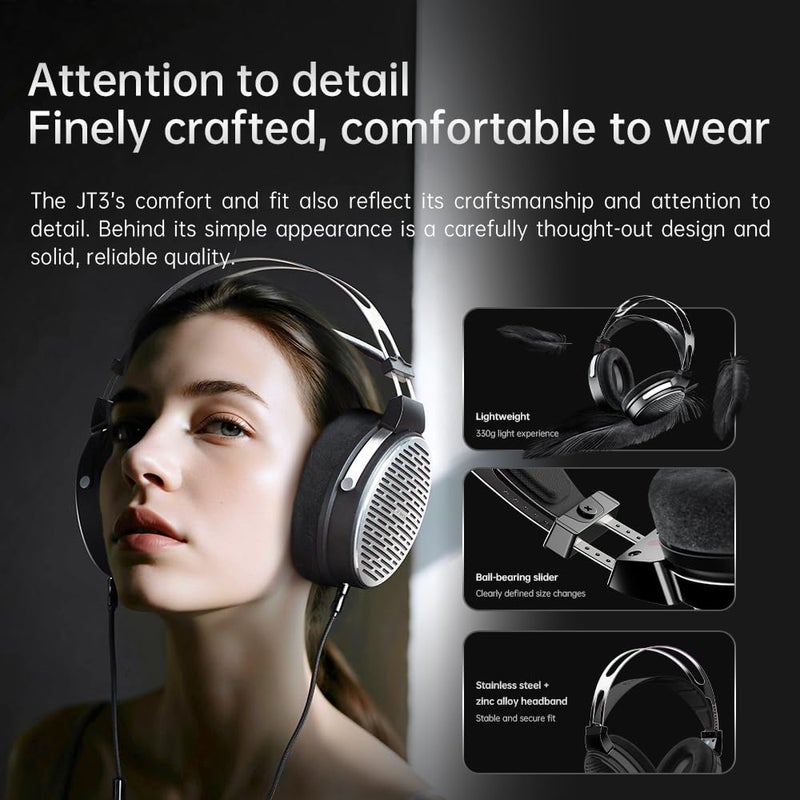 FiiO JT3 Over-Ear Open-Back Headphones, 50mm Dynamic Driver, PEK+PU Composite Diaphragm, Detachable 3.5mm Cable with Mic for Music & Gaming (Black) - Image 2
