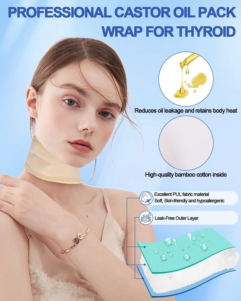 KASTWAVE 2 Pcs Thyroid Castor Oil Neck Wrap, Reusable Castor Oil Compress Pack Wrap for Thyroid Neck, Organic Cotton Flannel, Less Mess, Comfort Fit, White+Pale Khaki - Image 3