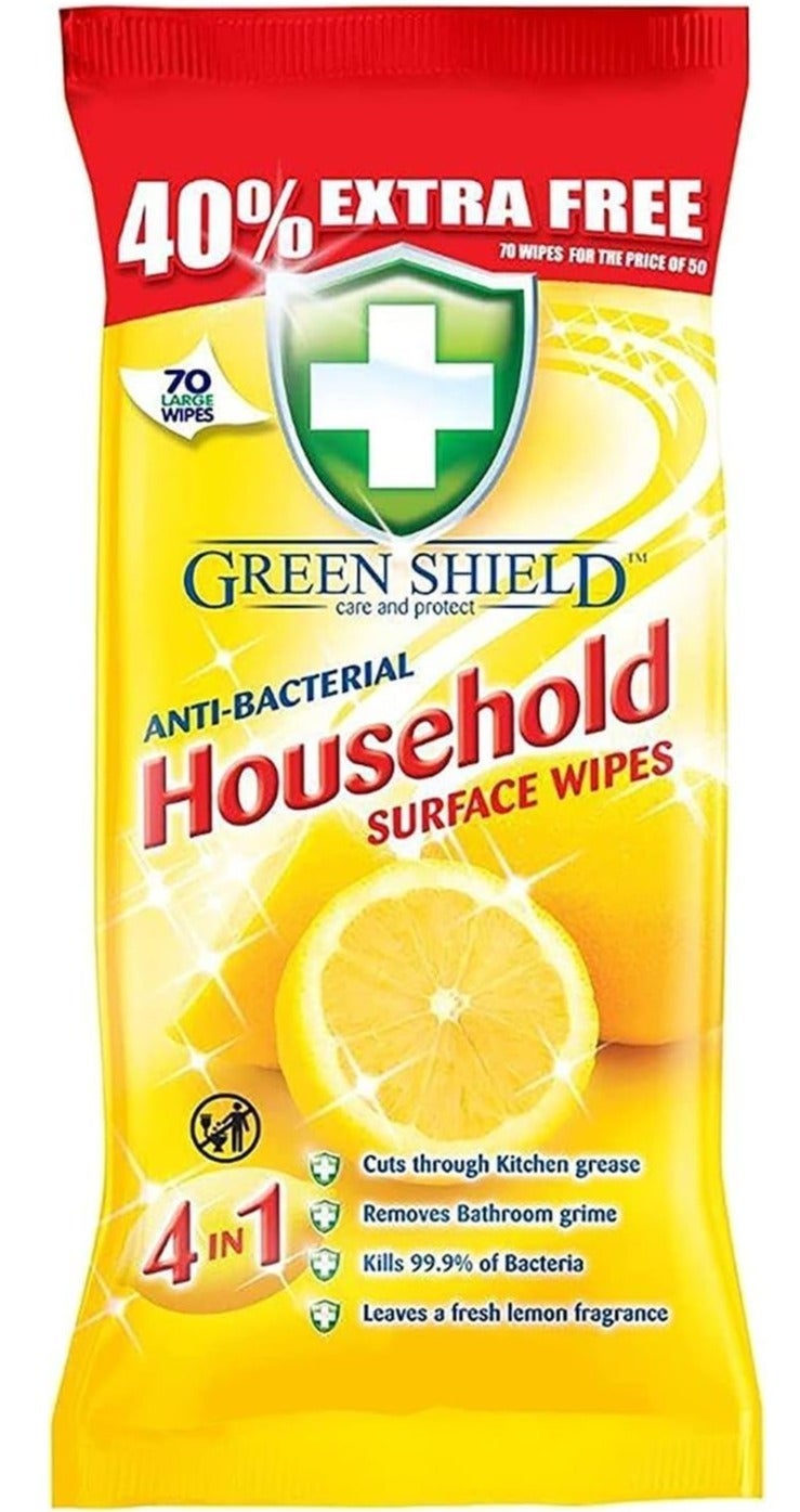 Green Shield Antibacterial Household Surface Wipes Lemon 70 Large Wipes | Kills 99.9% Bacteria | Multipurpose Cleaning Wipes for Kitchen Bathroom Home | 4-in-1 Disinfectant Wipes 40% Extra Free - Image 1