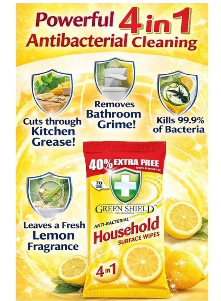 Green Shield Antibacterial Household Surface Wipes Lemon 70 Large Wipes | Kills 99.9% Bacteria | Multipurpose Cleaning Wipes for Kitchen Bathroom Home | 4-in-1 Disinfectant Wipes 40% Extra Free - Image 2