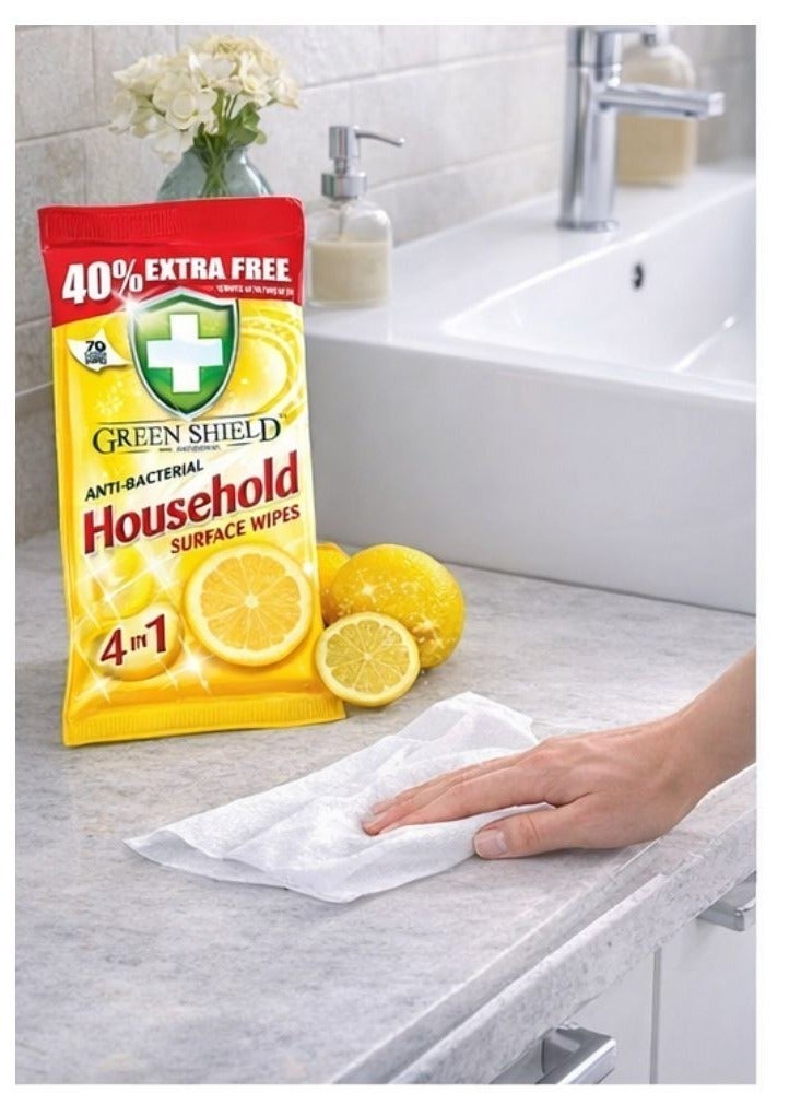Green Shield Antibacterial Household Surface Wipes Lemon 70 Large Wipes | Kills 99.9% Bacteria | Multipurpose Cleaning Wipes for Kitchen Bathroom Home | 4-in-1 Disinfectant Wipes 40% Extra Free - Image 3