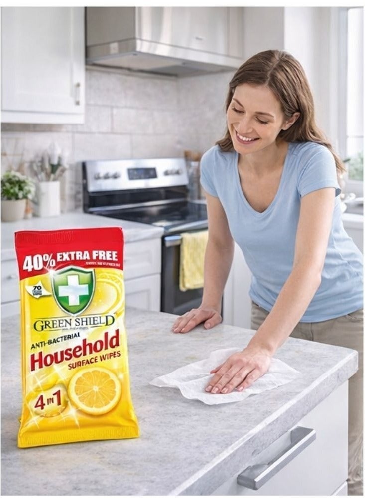 Green Shield Antibacterial Household Surface Wipes Lemon 70 Large Wipes | Kills 99.9% Bacteria | Multipurpose Cleaning Wipes for Kitchen Bathroom Home | 4-in-1 Disinfectant Wipes 40% Extra Free - Image 5