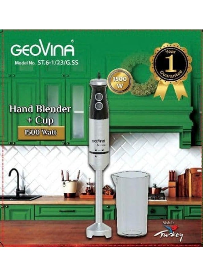 geovina Stainless steel hand blender, 1500 watt, Turkish manufacture, equipped with a cup  - Image 1