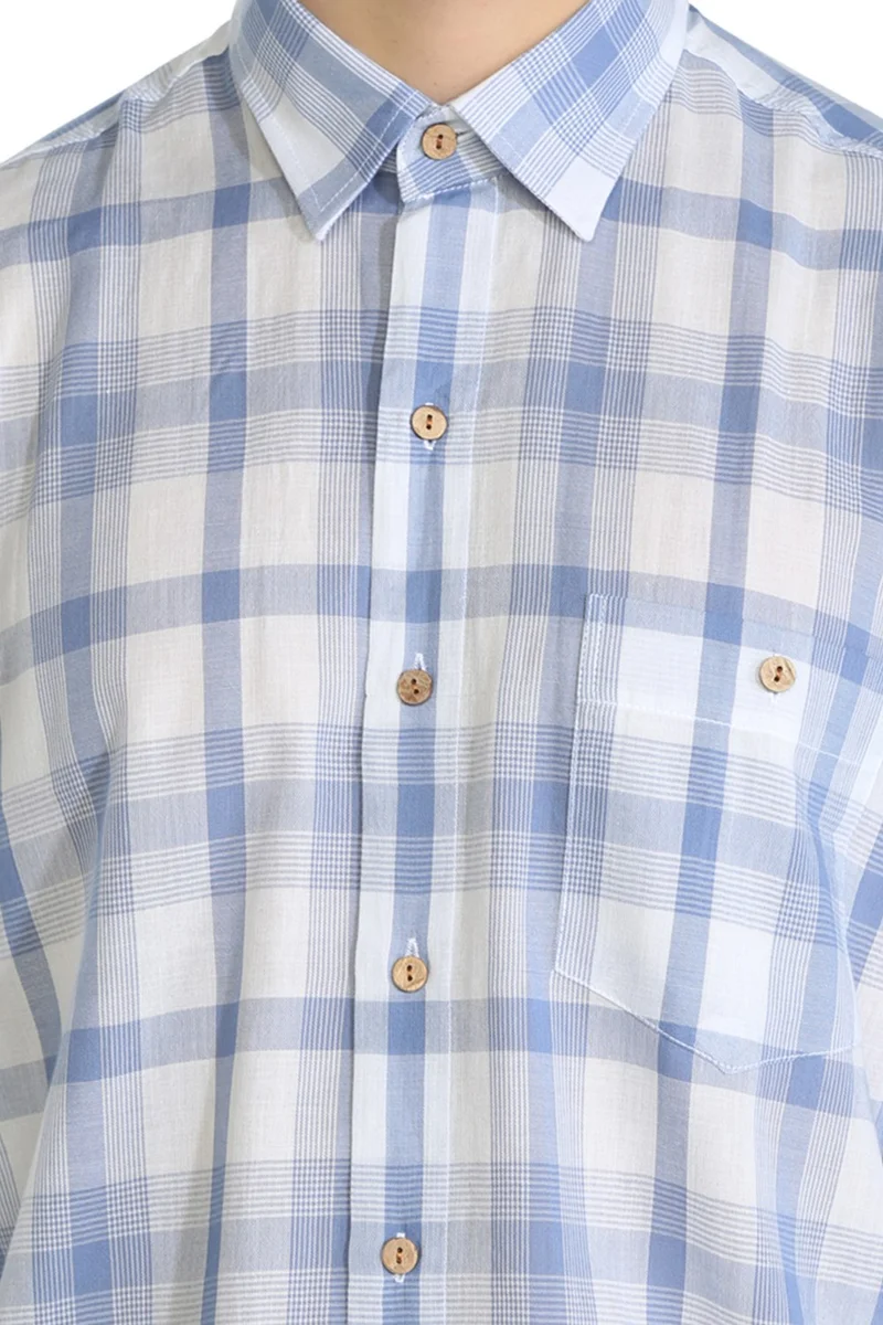 Eliş Şile Bezi Long Sleeve Şile Cloth Single Pocket Men's Shirt Blue White Check 3017