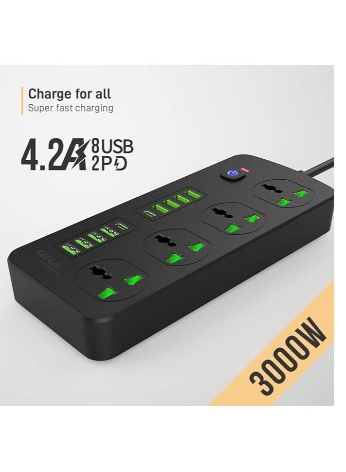 Gizga Essentials Power Extension Board 8 USB 4.2A Ports, 2 PD 20W Ports, 4 Universal Thermal Trip Electrical Multi Plug Sockets, Surge Protection, Spike Guard, 3000W 16A, Flame Proof, 2m Cord Length - Image 2