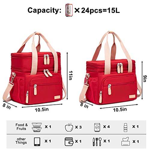 Weitars Lunch Bag for Women, Loncheras Para Mujer Waterproof Reusable Large Dual Compartment Lunch Box Wide-Open Cooler Tote Bag For Nurse Office Working Picnic Hiking (15L) (Red) - Image 3