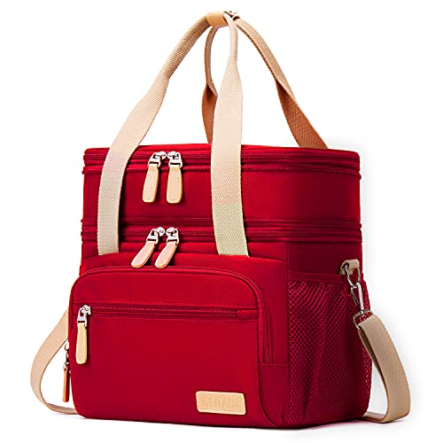 Weitars Lunch Bag for Women, Loncheras Para Mujer Waterproof Reusable Large Dual Compartment Lunch Box Wide-Open Cooler Tote Bag For Nurse Office Working Picnic Hiking (15L) (Red) - Image 1