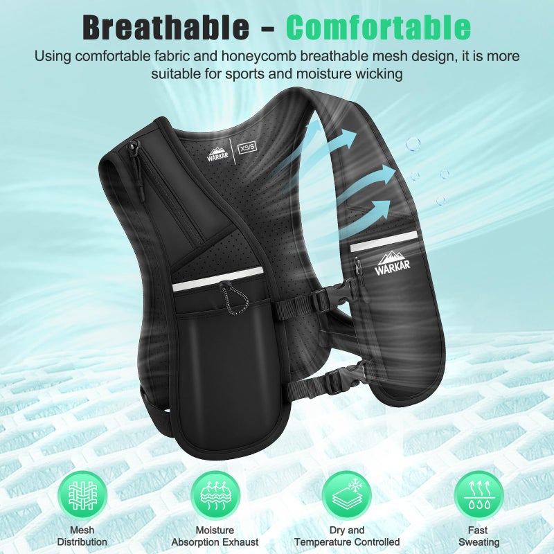 WARKAR Running Vest, Hydration Backpack with 500ml Water Bladder Adjustable Chest Straps Reflective Strip Design Lightweight Breathable Great for Women Men Run/Hiking/Cycling/Climbing (Black, X-Small-Small) - Image 3