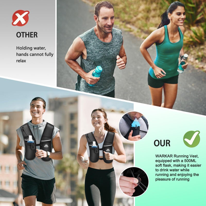 WARKAR Running Vest, Hydration Backpack with 500ml Water Bladder Adjustable Chest Straps Reflective Strip Design Lightweight Breathable Great for Women Men Run/Hiking/Cycling/Climbing (Black, X-Small-Small) - Image 4